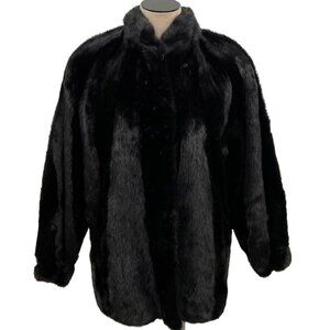 Vintage 80s Genuine Saga Mink Fur Coat M/L Black 3/4 Batwing Sleeve